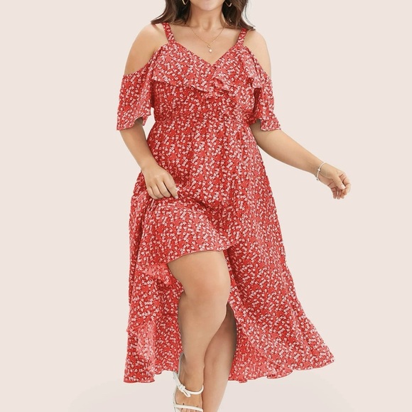 BloomChic Plus Size Ditsy Floral Pocket Wrap Cold Shoulder Ruffle Dress us 12 - Picture 4 of 4